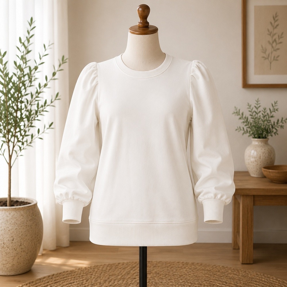 Belle Kim Gravel Sweatshirt Womens Medium Petite White Puff Shoulder Pullover
